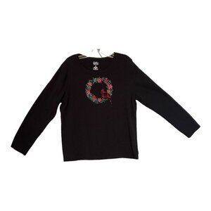 $20 Croft & Barrow Women's Shirt XL Black Long Sleeve Crew Neck Christmas Wreath